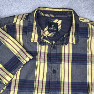 Prana Shirt Mens XL Lukas Gray Yellow Purple Plaid Short Sleeve Button Up Camp